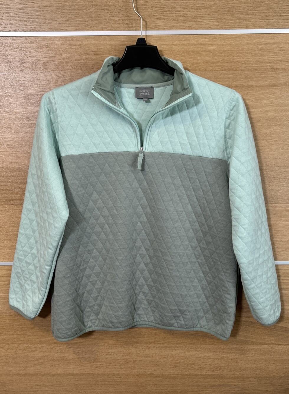 Berkley Jenson Womens Sz L Mint Green/ Gray Quilted Quarter Zip Pullover Sweater